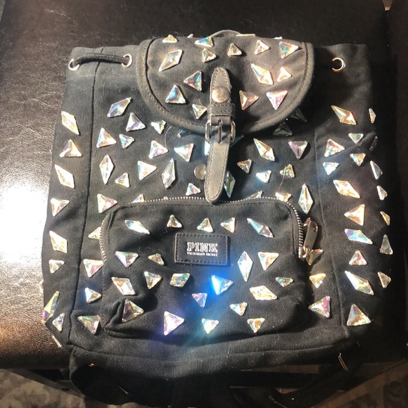 victory secret pink Women’s Black Mini Backpack with Large Gem Stones - Picture 8 of 16